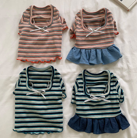 Ribbon Heart Pendant Denim Dress & Striped Tee (2 colors)