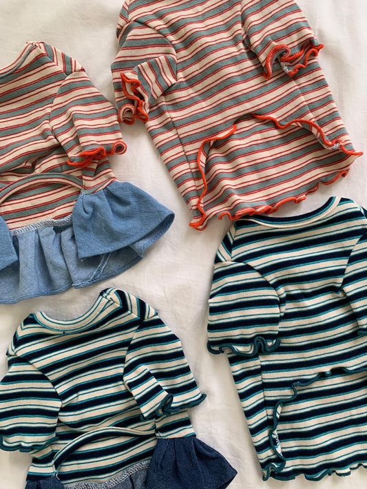 Ribbon Heart Pendant Denim Dress & Striped Tee (2 colors)