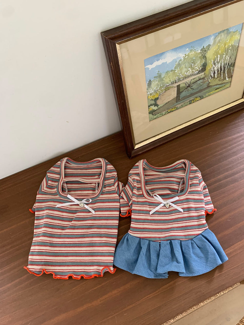 Ribbon Heart Pendant Denim Dress & Striped Tee (2 colors)