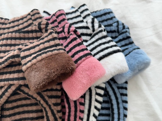 Striped Faux Fur Sleeve Turtleneck Tee (4 colors)