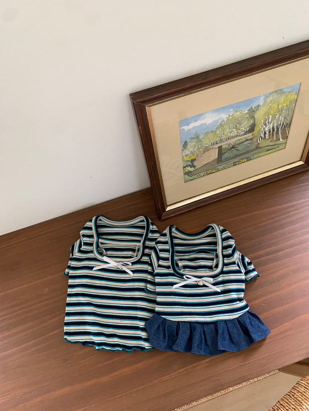 Ribbon Heart Pendant Denim Dress & Striped Tee (2 colors)